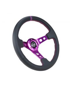 NRG Reinforced Steering Wheel (350mm / 3in. Deep) Black Leather w/Purple Center & Purple Stitching buy in USA