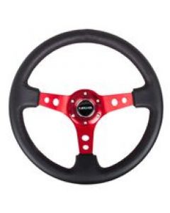 NRG Reinforced Steering Wheel (350mm / 3in. Deep) Blk Leather w/Red Circle Cutout Spokes buy in USA