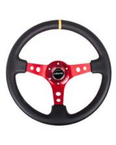 NRG Reinforced Steering Wheel (350mm / 3in. Deep) Blk Leather w/Red Spokes & Sgl Yellow Center Mark buy in USA