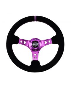 NRG Reinforced Steering Wheel (350mm / 3in. Deep) Black Suede w/Purple Center & Purple Stitching buy in USA