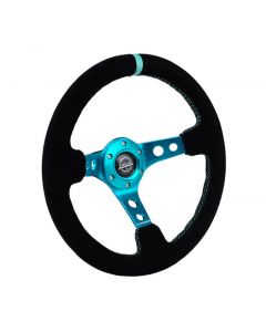 NRG Reinforced Steering Wheel (350mm/ 3in. Deep) Black Suede/ Teal Center Mark/ Teal Stitching buy in USA