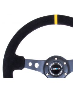 NRG Reinforced Steering Wheel (350mm / 3in. Deep) Blk Suede w/Circle Cut Spokes & Single Yellow CM buy in USA