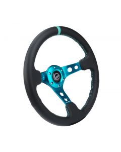 NRG Reinforce Steering Wheel (350mm / 3in. Deep) Blk Leather, Teal Center Mark w/ Teal Stitching buy in USA