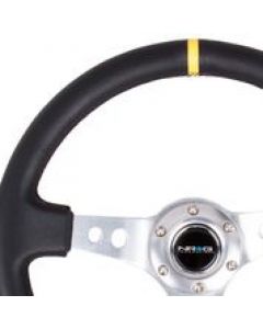 NRG Reinforced Steering Wheel (350mm / 3in. Deep) Blk Leather w/Circle Cut Spokes & Single Yellow CM buy in USA