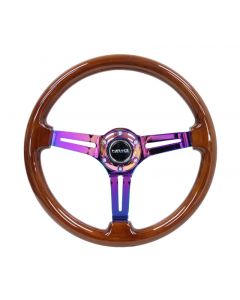 NRG Reinforced Steering Wheel (350mm / 3in. Deep) Brown Wood w/Blk Matte Spoke/Neochrome Center Mark buy in USA