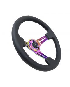 NRG Reinforced Steering Wheel (350mm / 3in. Deep) Blk Leather/Blk Stitch w/Neochrome Slits buy in USA