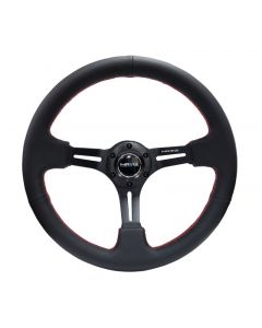 NRG Reinforced Steering Wheel (350mm / 3in. Deep) Black Leather/Red Stitch & Blk 3-Spoke w/Slits buy in USA