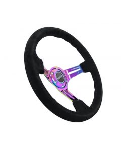 NRG Reinforced Steering Wheel (350mm / 3in. Deep) Blk Suede/Blk Stitch w/Neochrome Slits buy in USA