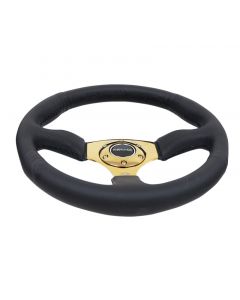 NRG Reinforced Steering Wheel (350mm / 2.5in. Deep) Leather Race Comfort Grip w/4mm Gold Spokes buy in USA