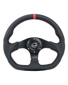 NRG Reinforced Steering Wheel (320mm) Sport Leather Flat Bottom w/ Red Center Mark/ Red Stitching buy in USA