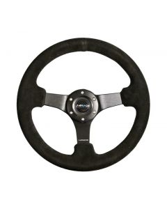 NRG Reinforced Steering Wheel (330mm / 3in Deep) Blk Suede w/Criss Cross Stitch w/Blk 3-Spoke Center buy in USA