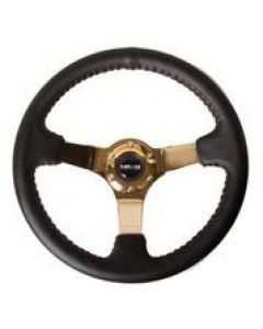 NRG Reinforced Steering Wheel (3in Deep / 4mm) 350mm Blk Leather w/Red BBall Stitch & Gold Spoke buy in USA