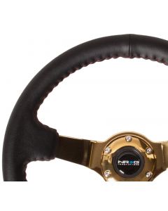 NRG Reinforced Steering Wheel (350mm / 3in. Deep) Blk Leather/Red BBall Stitch w/4mm Gold Spokes buy in USA