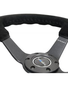 NRG Reinforced Steering Wheel (350mm / 3in. Deep) Blk Suede/Blk Bball Stitch w/5mm Matte Black Spoke buy in USA