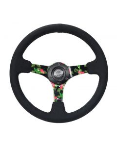 NRG Reinforced Steering Wheel (350mm / 3in. Deep) Black Suede w/ 5mm Floral 3-Spoke Center buy in USA