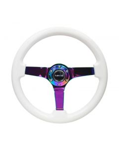 NRG Reinforced Steering Wheel (350mm / 3in. Deep) Classic White w/4mm Neochrome Solid 3-Spoke buy in USA