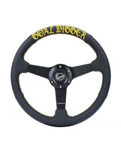 NRG Sport Steering Wheel (350mm / 1.5in Deep) Black Leather/Gold Stitch w/Matte Black Solid Spokes buy in USA