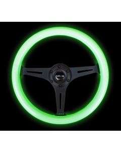 NRG Classic Wood Grain Steering Wheel (350mm) Glow-N-The-Dark Green Grip w/Black 3-Spoke Center buy in USA