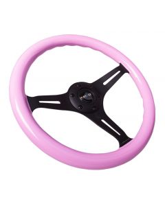 NRG Classic Wood Grain Steering Wheel (350mm) Solid Pink Painted Grip w/Black 3-Spoke Center buy in USA