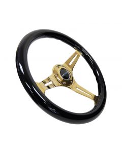 NRG Classic Wood Grain Steering Wheel (350mm) Black Grip w/Chrome Gold 3-Spoke Center buy in USA