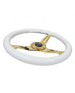 NRG Classic Wood Grain Steering Wheel (350mm) White Grip w/Chrome Gold 3-Spoke Center buy in USA