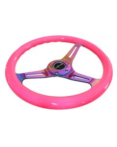 NRG Classic Wood Grain Steering Wheel (350mm) Neon Pink Painted Grip w/Neochrome 3-Spoke Center buy in USA