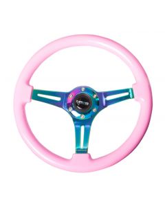 NRG Classic Wood Grain Steering Wheel (350mm) Solid Pink Painted Grip w/Neochrome 3-Spoke Center buy in USA