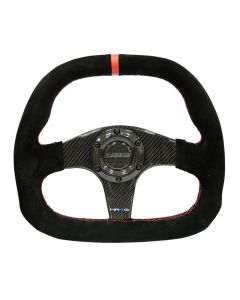 NRG Carbon Fiber Steering Wheel (320mm) Flat Btm. Blk Suede/Red Stitch w/CF Spokes & Red Center Mark buy in USA